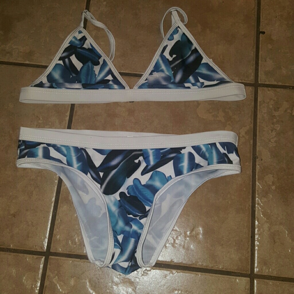 Blue and White Leaf Print Bikini